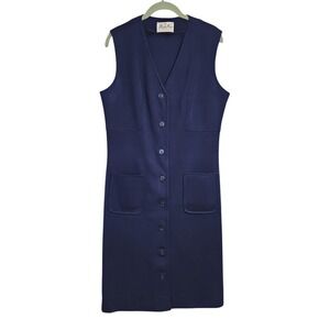 BUTTE KNIT Vintage 60s Wool Blend Button Front Midi Dress Navy Academia
